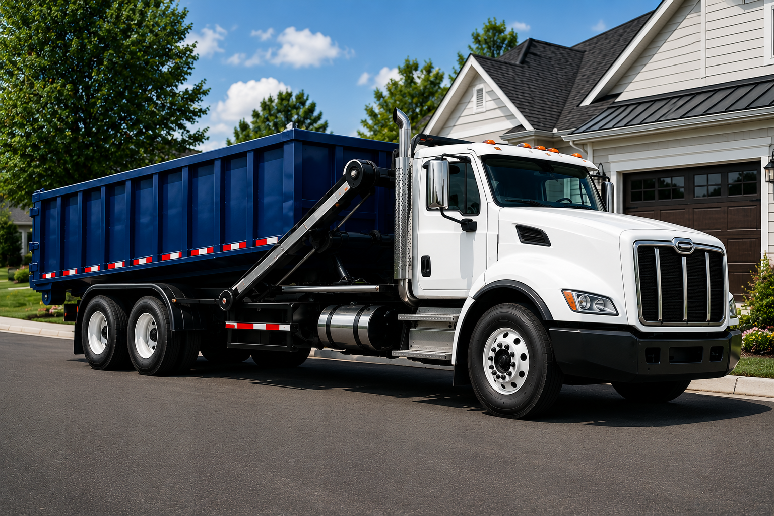 roll off dumpster truck in a suburban neighborhood