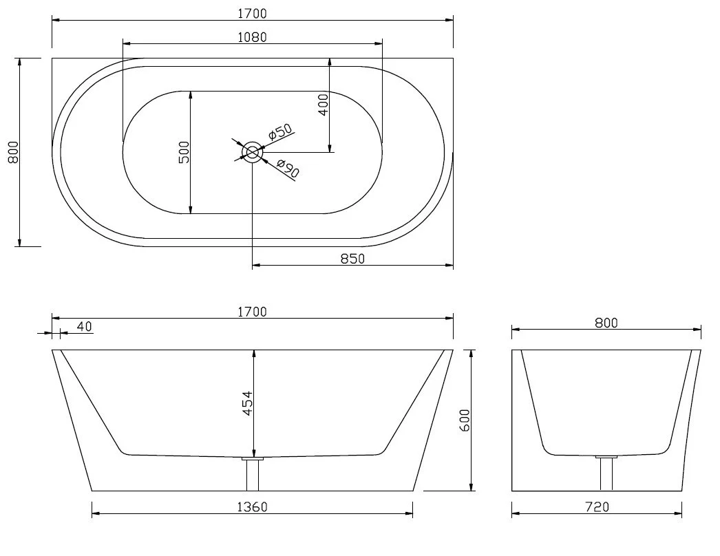 SY189 Back-to-Wall Bath - dimensions drawing