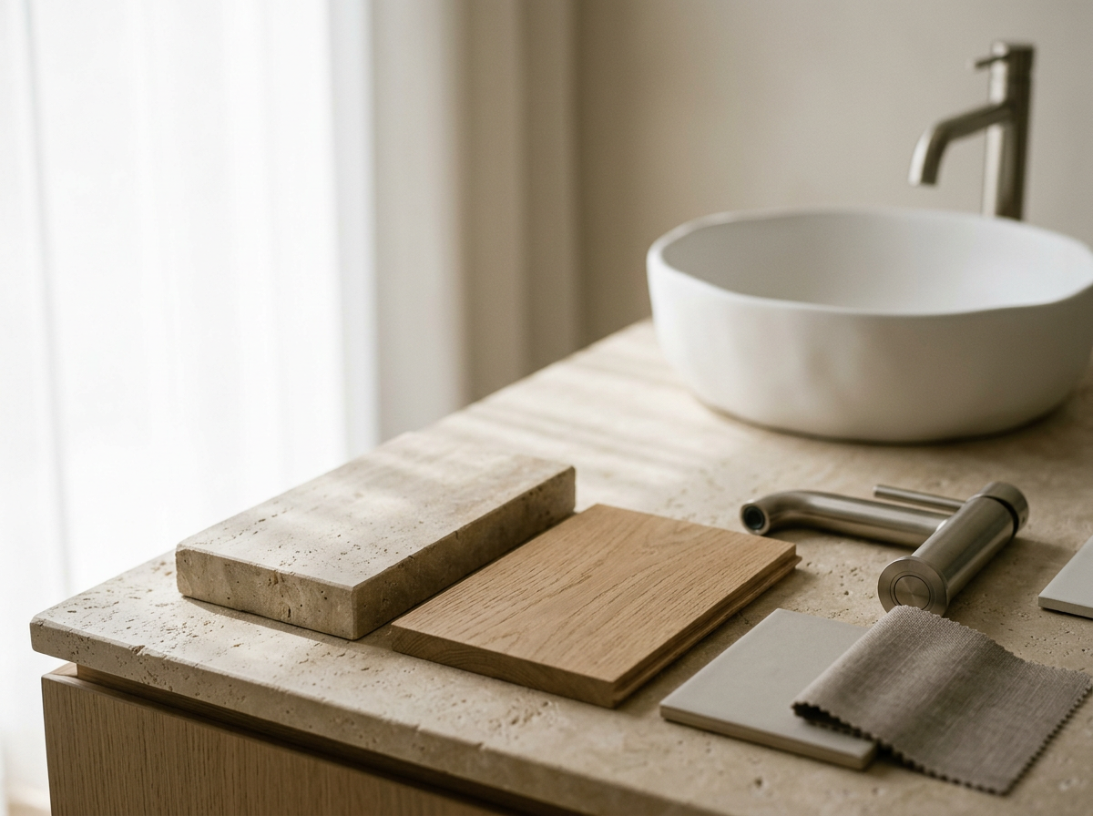 Bathroom design samples with limestone, oak and brushed nickel finishes