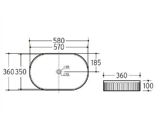 E-464 Fluted Oval Countertop Basin - dimensions drawing