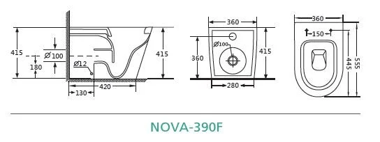 Bonita HT-390F Rimless Back-to-Wall Floor Pan - dimensions drawing