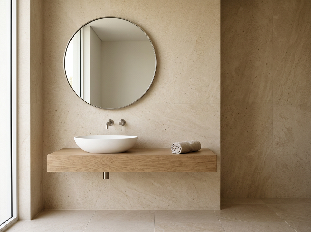 Minimal limestone bathroom with floating oak vanity and round mirror