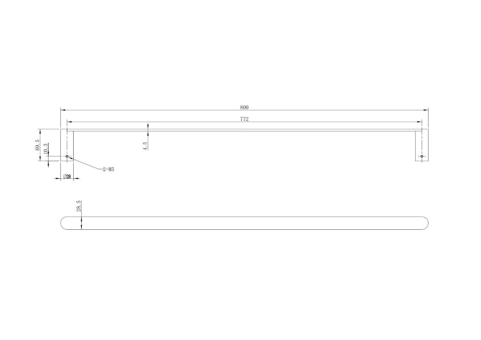 Gun Metal Series Towel Rail - dimensions drawing