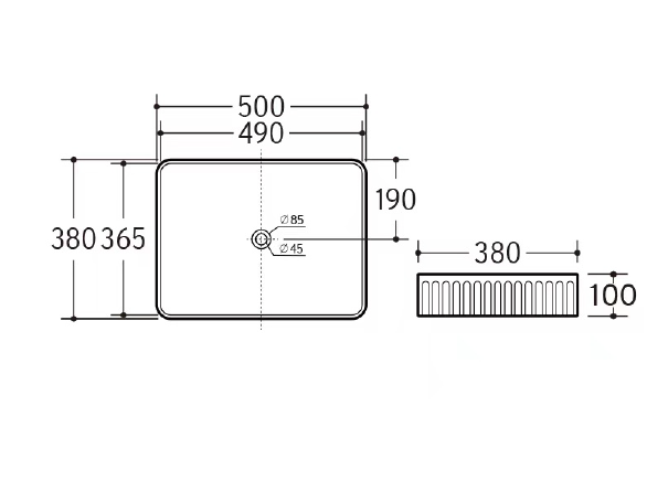 E-467 Fluted Rectangular Countertop Basin - dimensions drawing