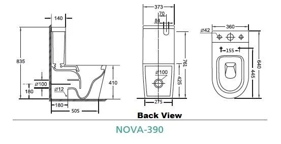 Bonita HT-390 Rimless Back-to-Wall Toilet Suite - dimensions drawing