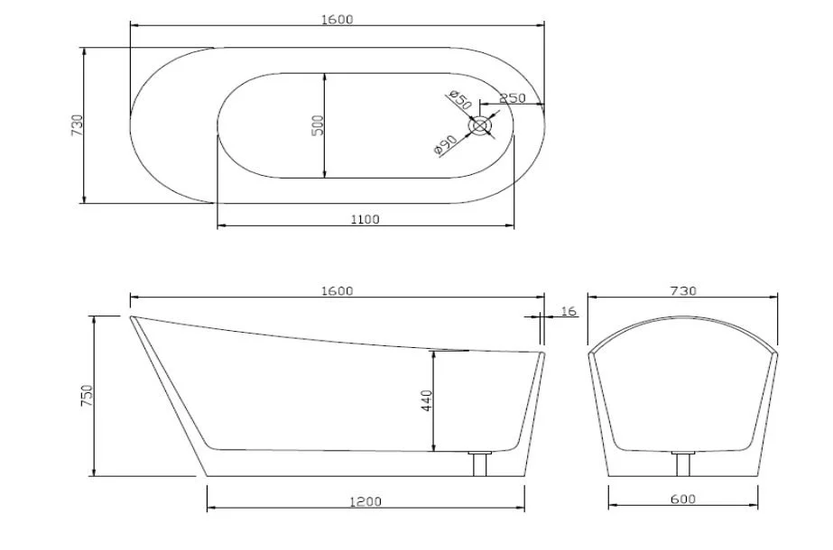 SY175 Freestanding Slipper Bath 1600mm - dimensions drawing