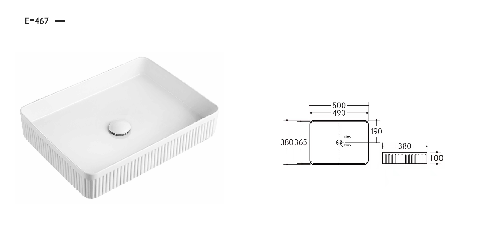 E-467 Fluted Rectangular Countertop Basin - image 2