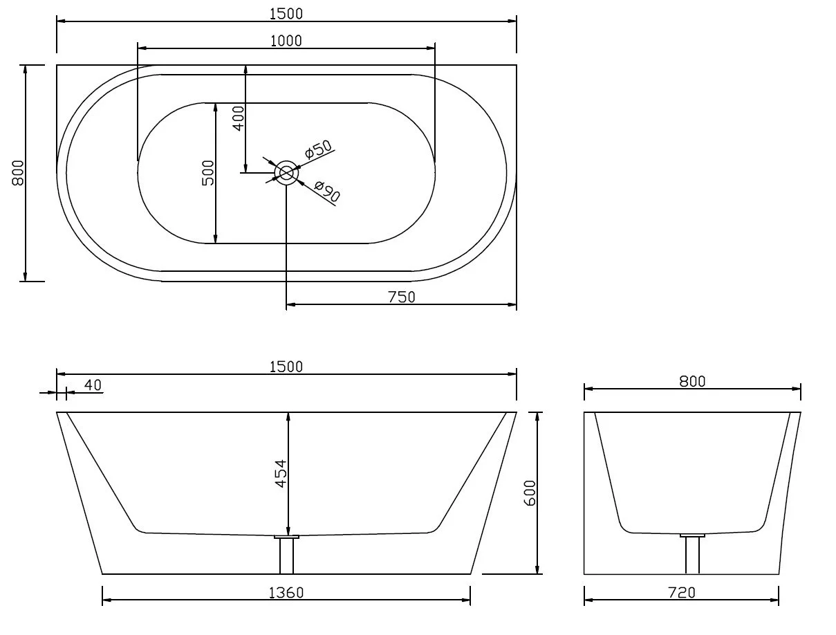 SY189 Back-to-Wall Bath - dimensions drawing