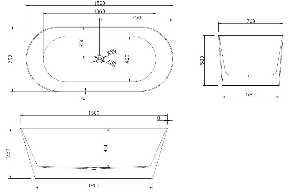 SY179 Oval Freestanding Bath - dimensions drawing