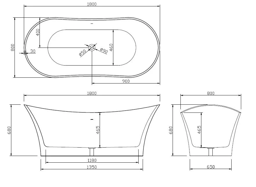 SY132 Freestanding Bath 1800mm - dimensions drawing