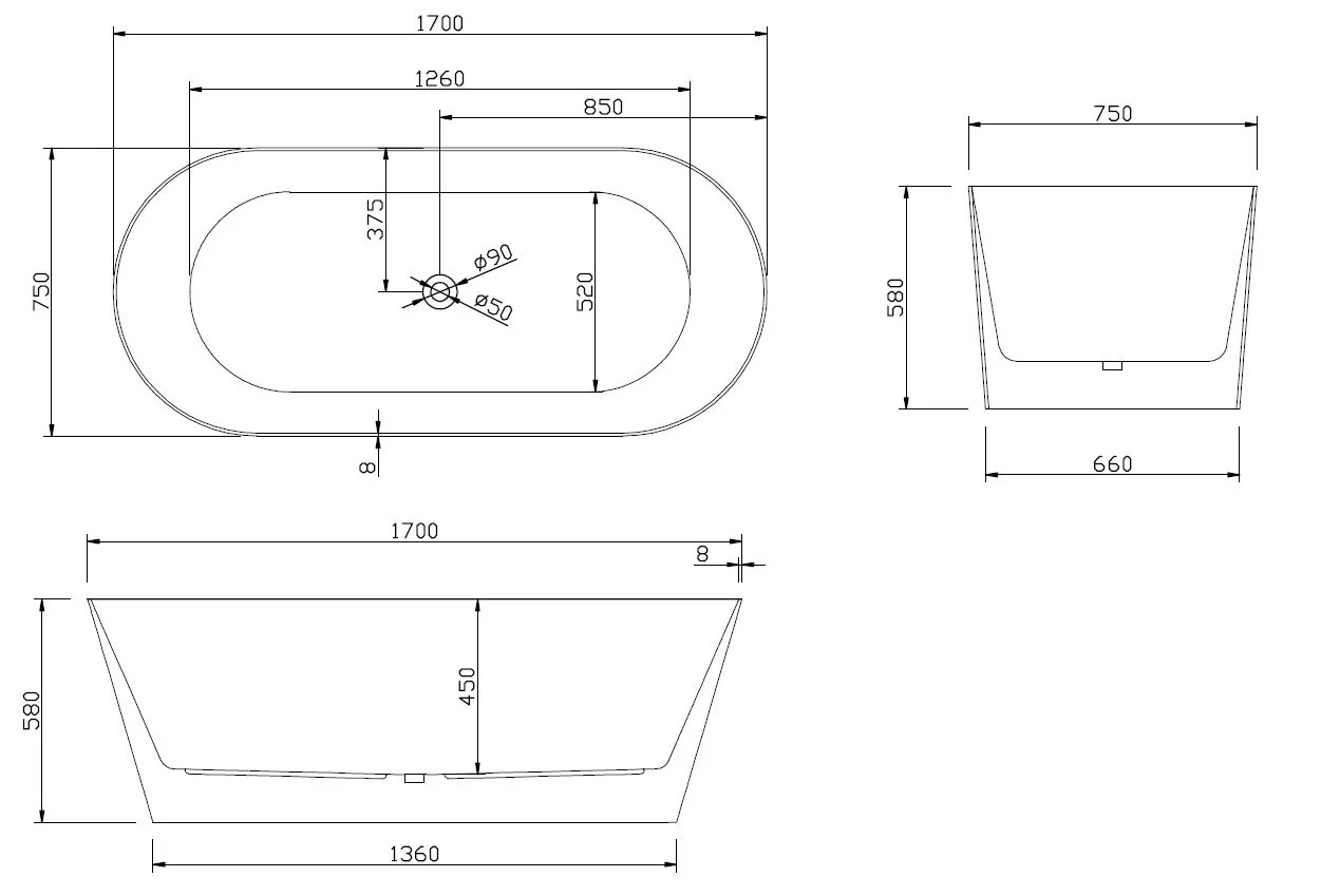 SY179 Oval Freestanding Bath - dimensions drawing