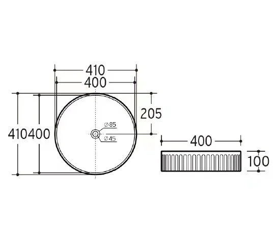 E-465 Fluted Round Countertop Basin 410mm - dimensions drawing