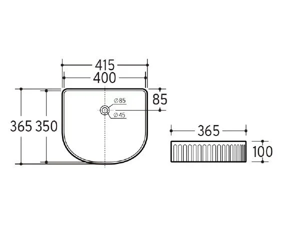 E-463 Fluted Half-Oval Countertop Basin - dimensions drawing