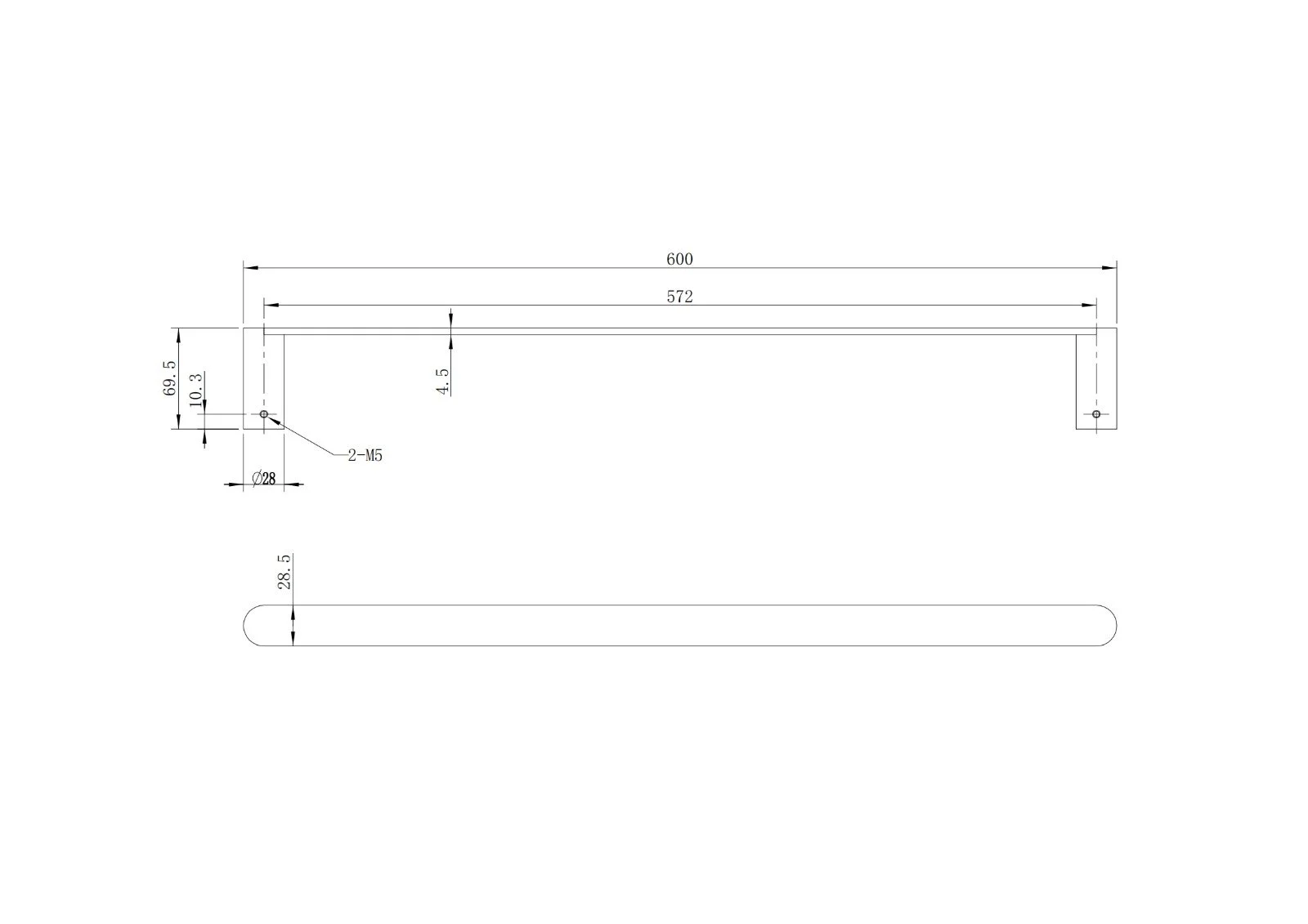 Gun Metal Series Towel Rail - dimensions drawing