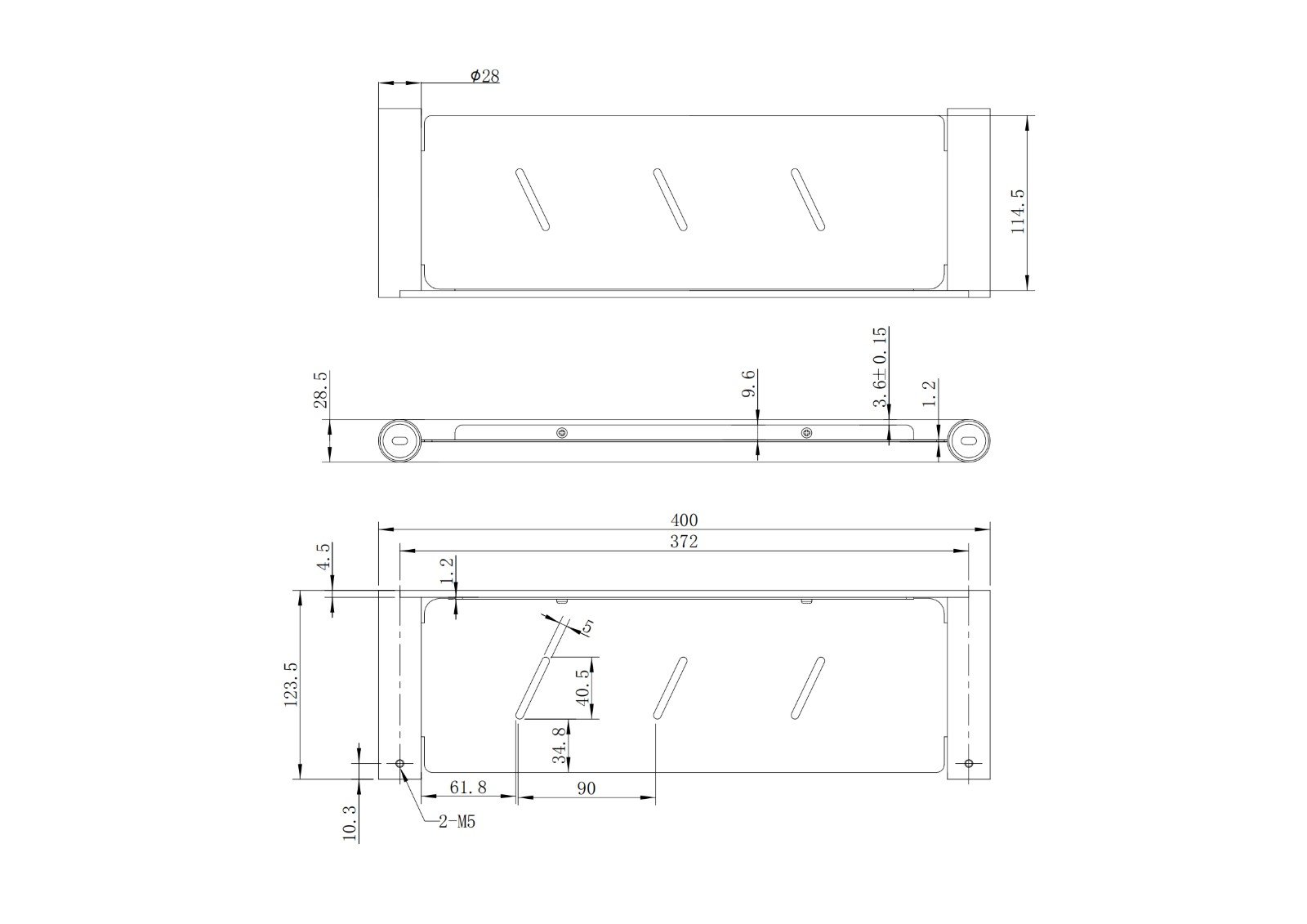 Gun Metal Series Shower Shelf - dimensions drawing