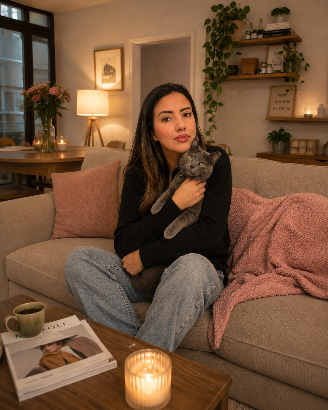 Una mujer con cabello largo y oscuro sentada en un sofá, sostiene un gato gris en sus brazos, en un ambiente acogedor con lámpara, revistas, una taza de café y decoraciones en la pared.