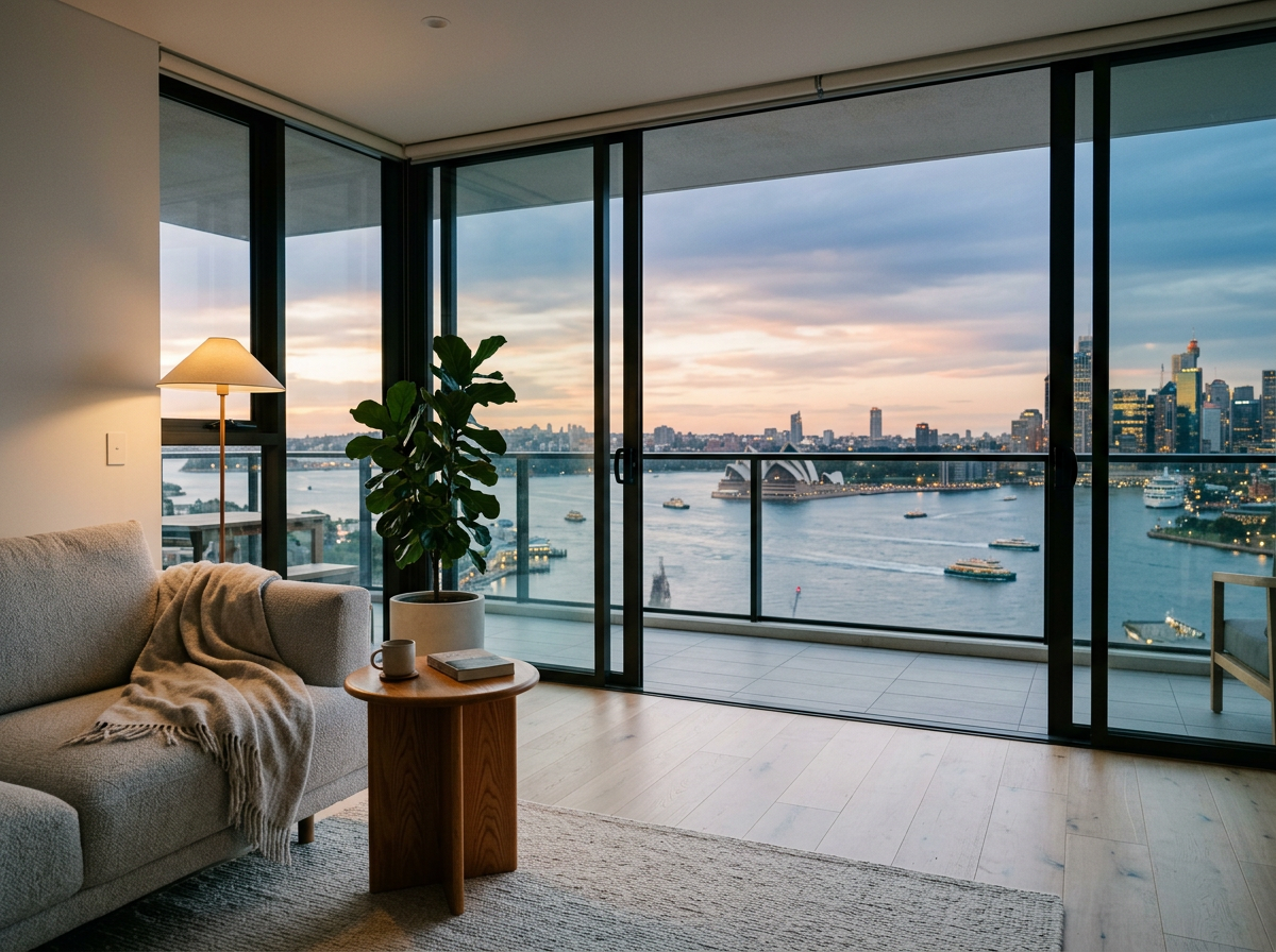 Living room with a beige sofa, a throw blanket, a floor lamp, a small wooden side table with a mug and a book, a large potted plant, and a floor-to-ceiling glass balcony door opening to a city skyline and harbor view at sunset.