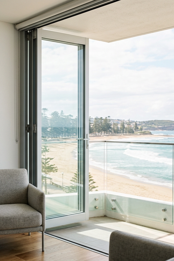 Living room with large glass sliding doors opening to a balcony with a view of the beach and ocean waves.