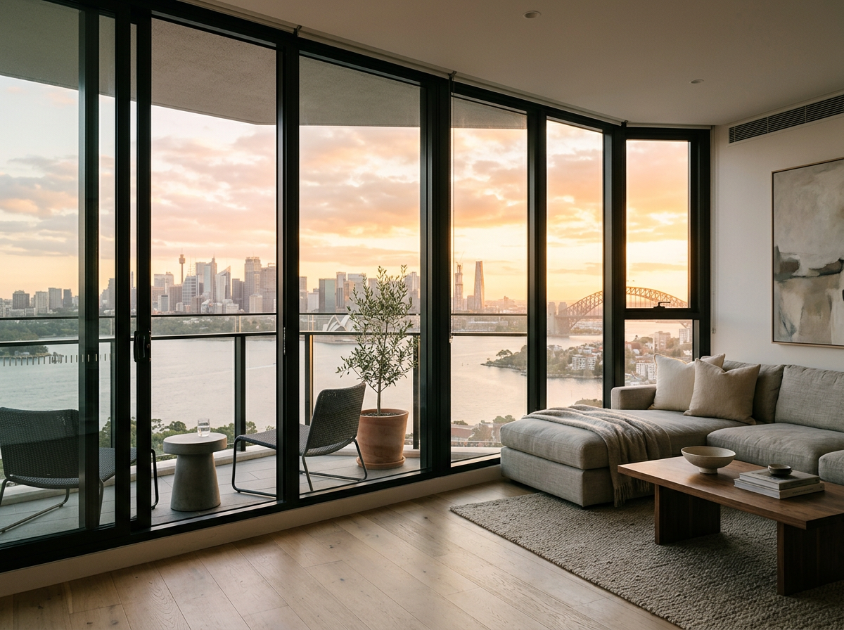 Modern living room with large glass windows overlooking a city skyline and river during sunset, with a gray sectional sofa, a wooden coffee table, and a small balcony with chairs and a potted plant.