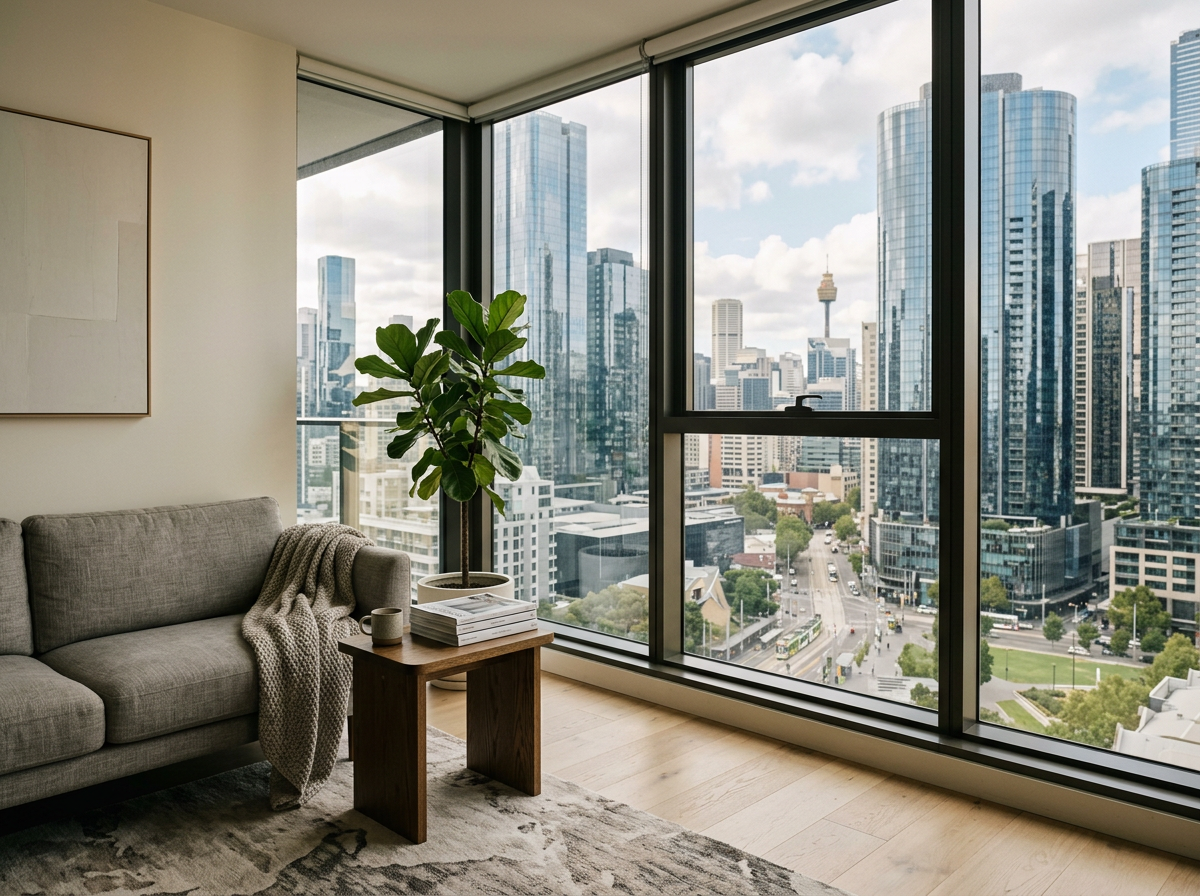 Interior of a modern high-rise apartment living room with a gray couch, a small wooden coffee table with books and a cup, a large potted plant, and floor-to-ceiling windows showcasing a city skyline with tall glass buildings and a tower in the distance.