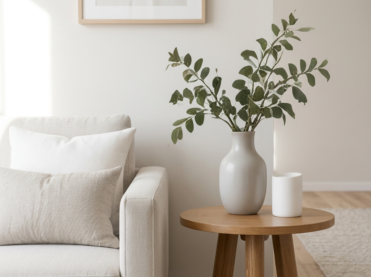 A living room corner with a beige sofa holding beige and white pillows, a round wooden side table with a white vase containing green leafy branches, and a small white cylindrical object, against a white wall with partially visible framed artwork.