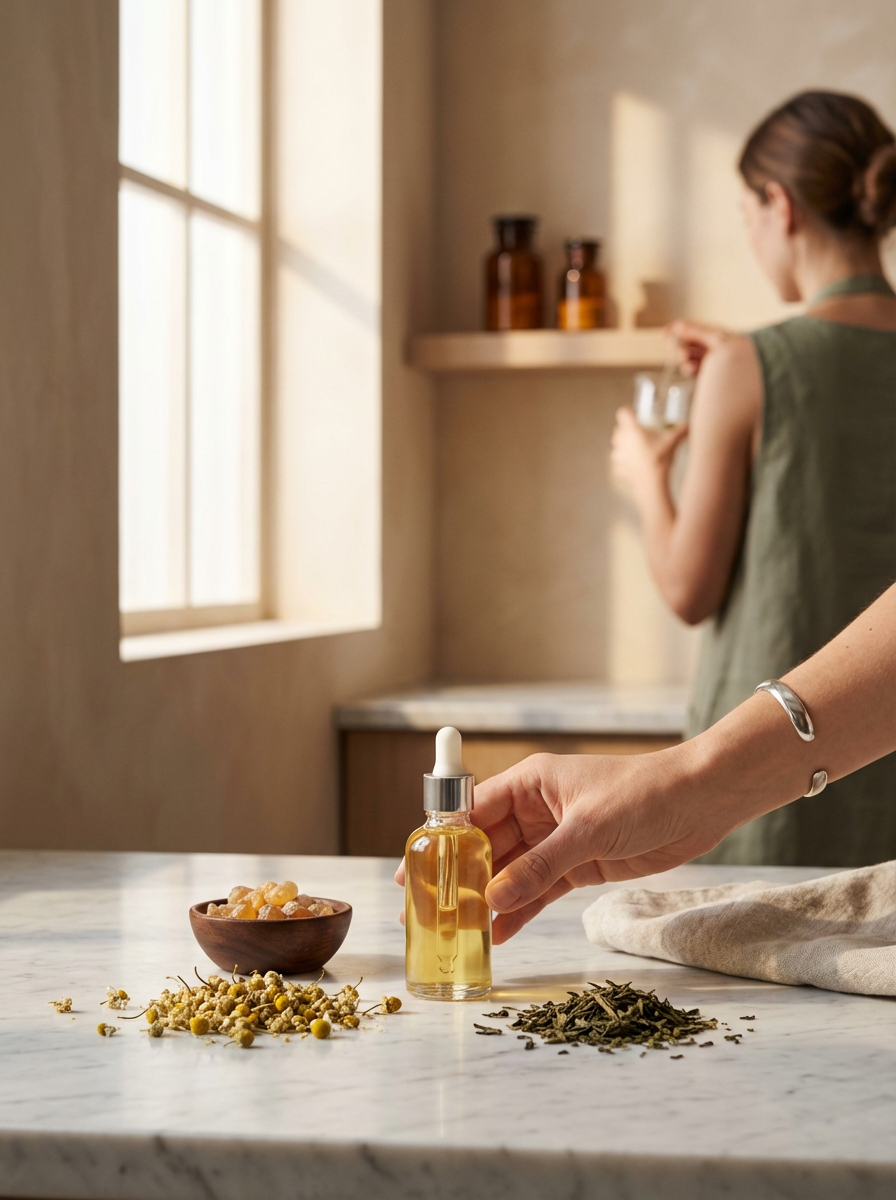 A hand with a silver bracelet reaches for a glass bottle of yellow oil with a dropper cap on a kitchen counter. In the background, a woman with brown hair tied back is in a green sleeveless top, holding a small jar near a window.