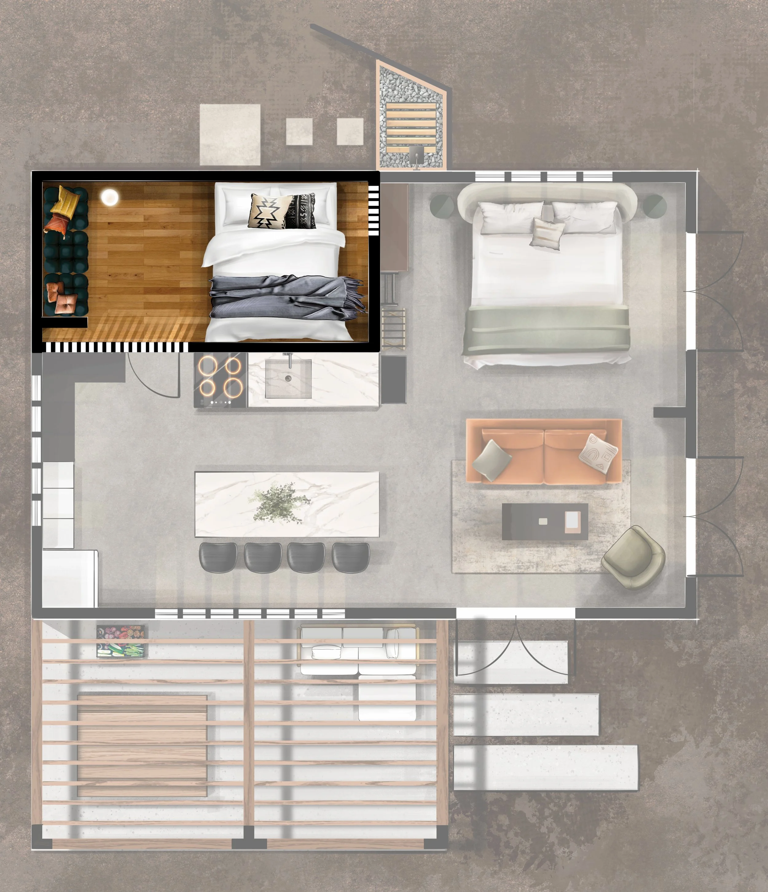 The sleeping loft of The Atrium: complete with Queen bed, reading nook and magical views.