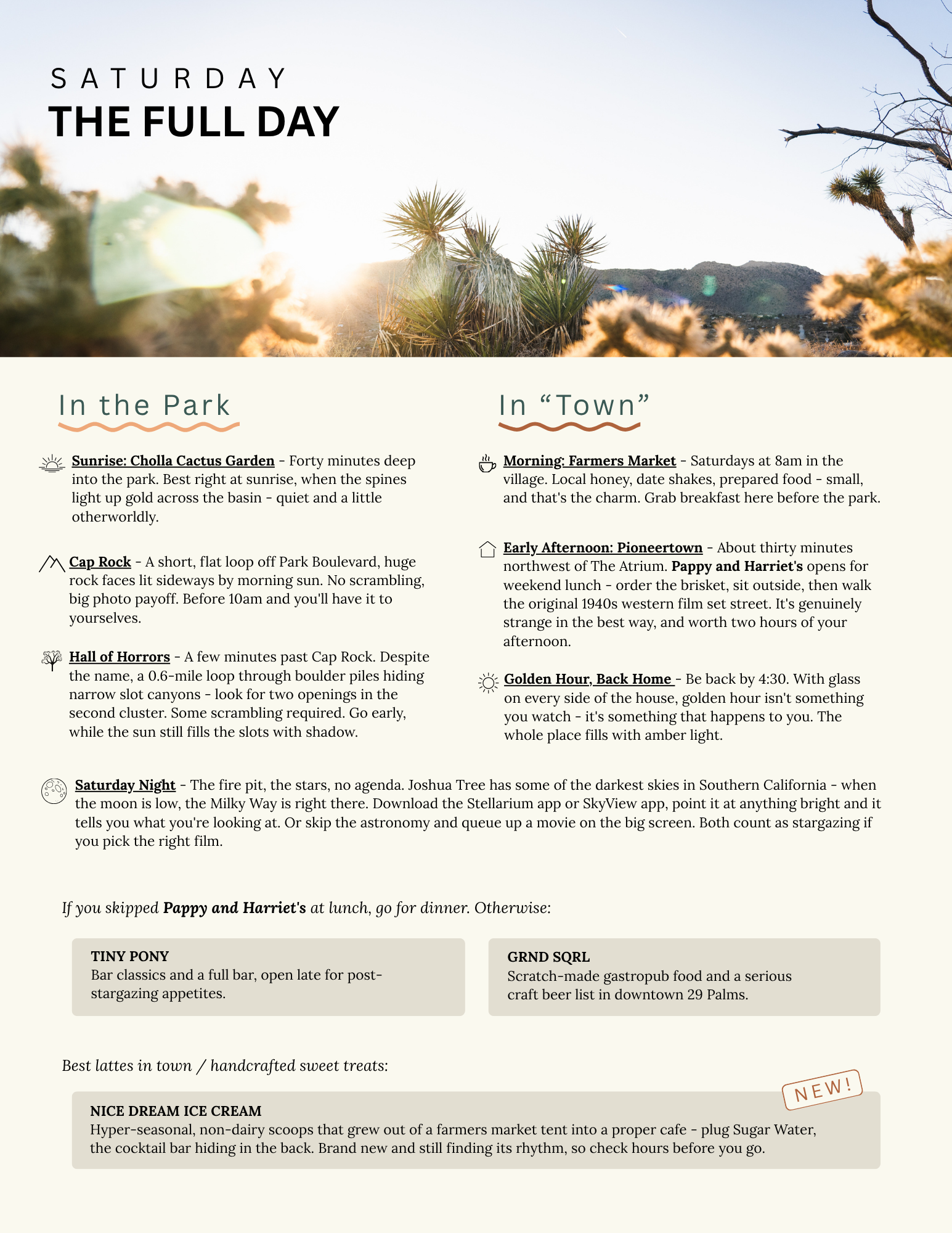 Saturday, The Full Day: sunrise through cholla cactus and Joshua trees. Things to do in the park (Cholla Cactus Garden, Cap Rock, Hall of Horrors) and in town (farmers market, Pioneertown, Pappy and Harriet’s), plus stargazing and dinner options.