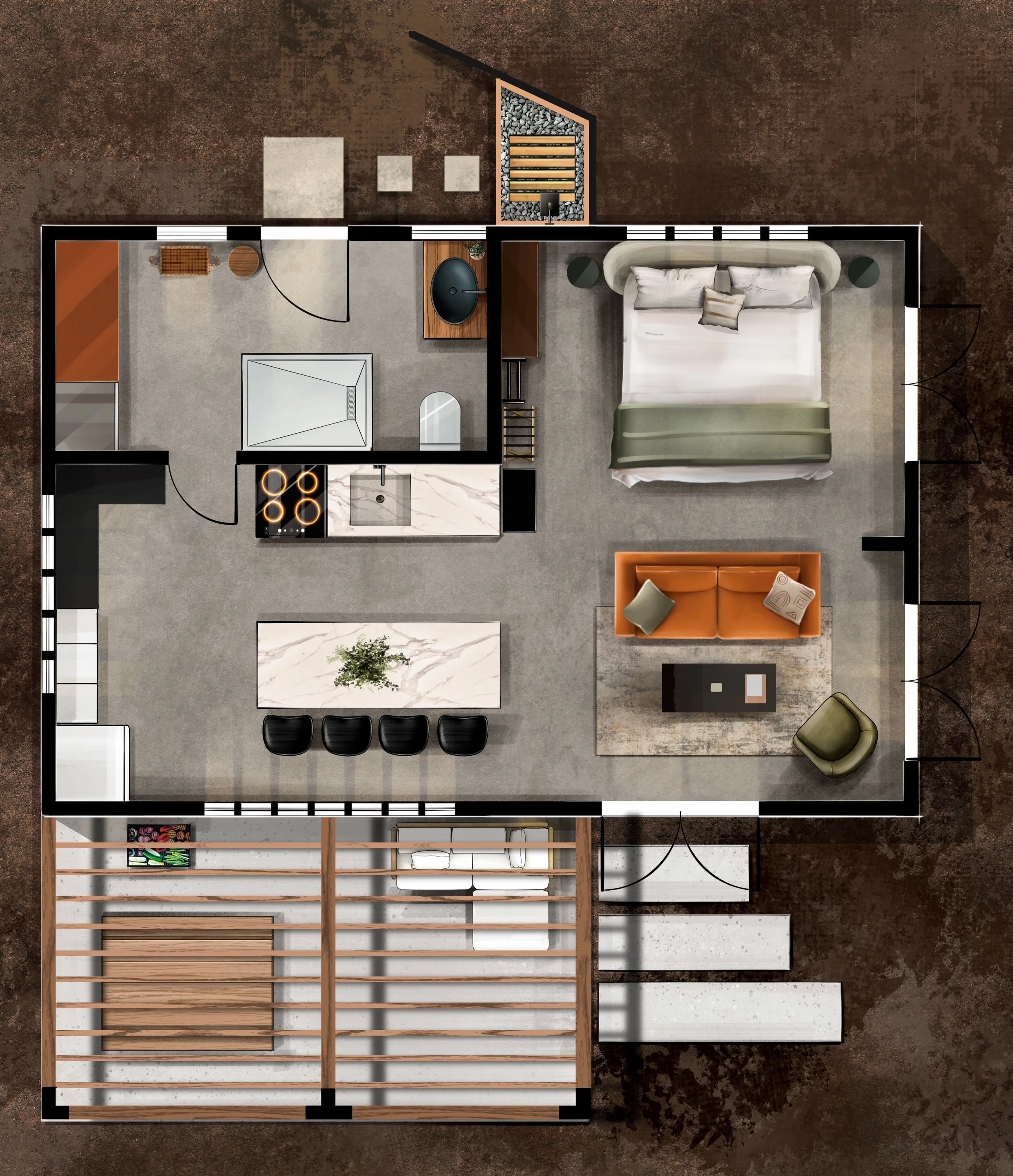 The ground floor of The Atrium: complete with a king bed, living room, kitchen, breakfast nook, bathroom, patio, outdoor shower and more.