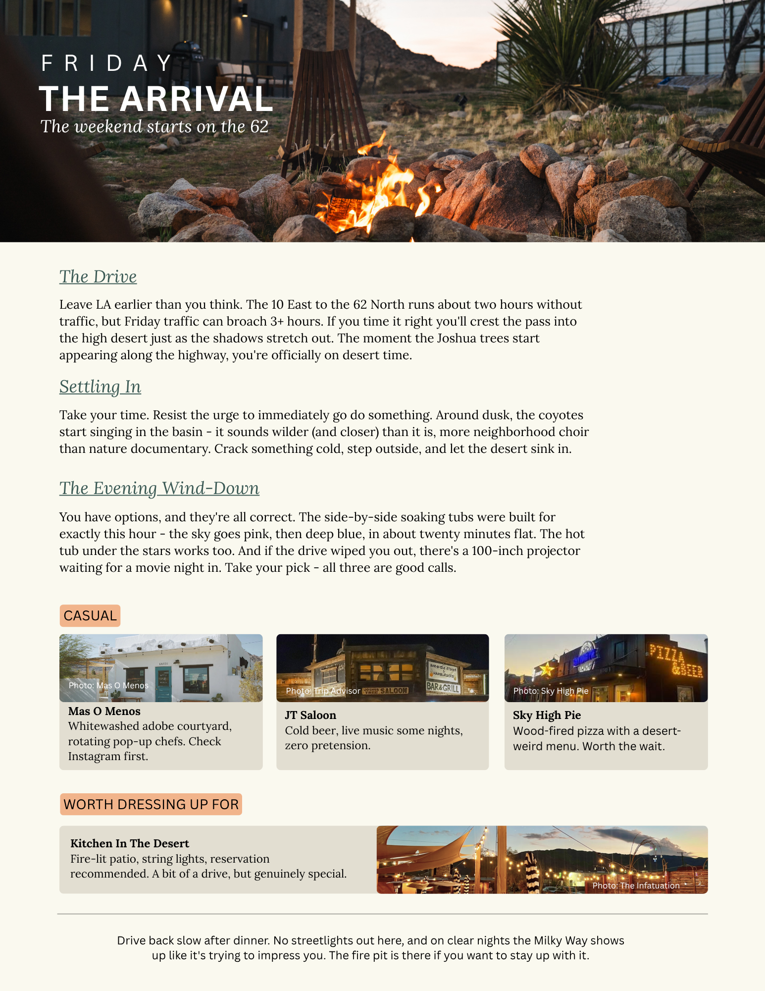 Friday, The Arrival: a fire pit glowing at dusk at The Atrium. Tips for the drive from LA on the 62, settling in, and the evening wind-down, plus casual dinner picks.