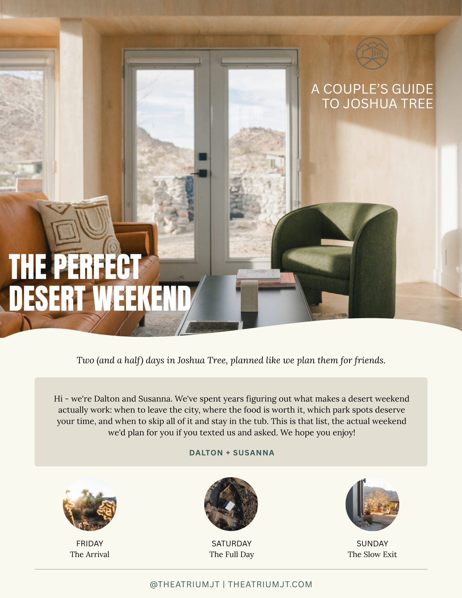 The Perfect Desert Weekend: A Couple’s Guide to Joshua Tree. Cover photo of The Atrium’s living room with a tan leather sofa, green armchair, and French doors opening to desert boulders, with a Friday, Saturday, and Sunday overview.