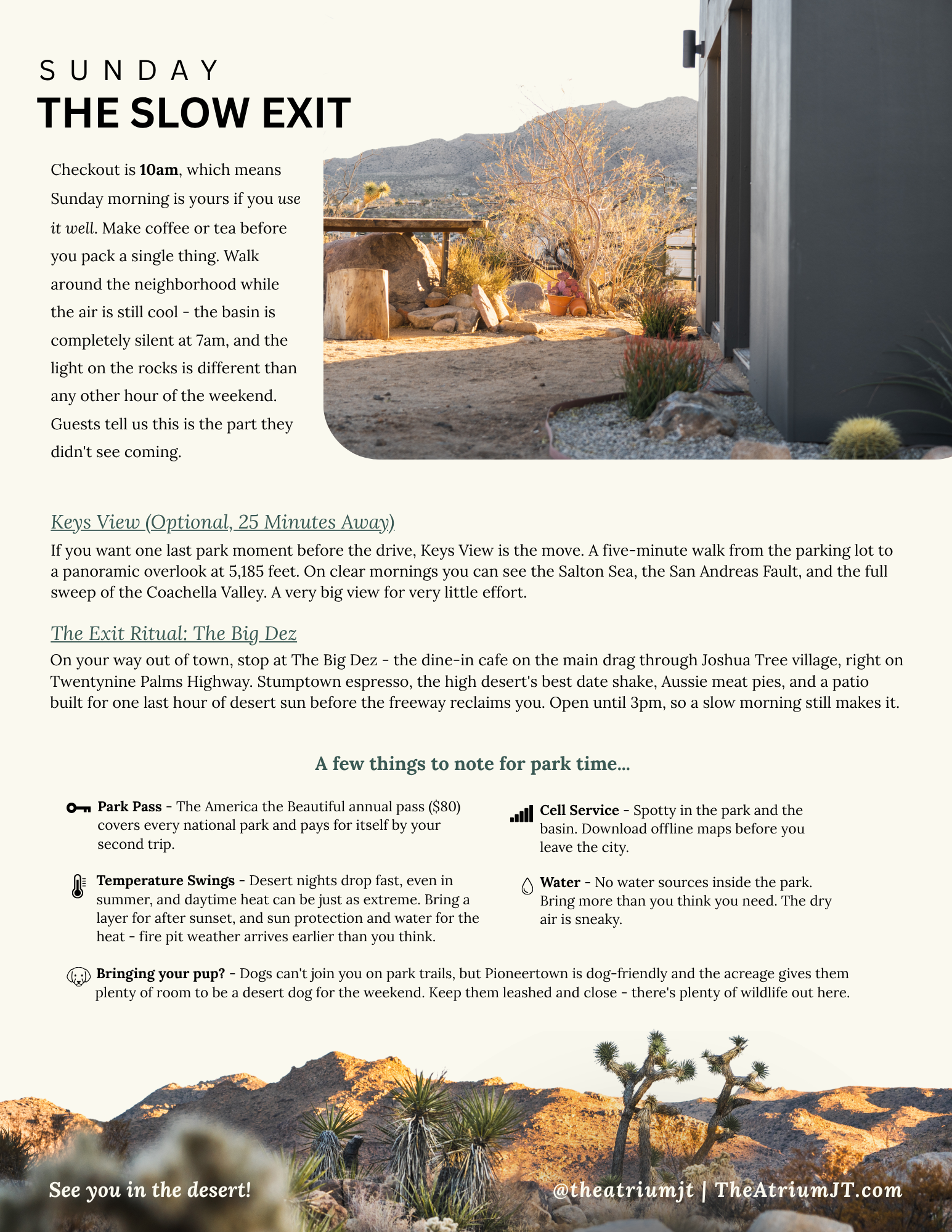 Sunday, The Slow Exit: the Atrium’s desert garden and the side of the house at golden hour. A slow checkout morning, Keys View, breakfast at The Big Dez, and park tips on passes, cell service, heat, water, and dogs.