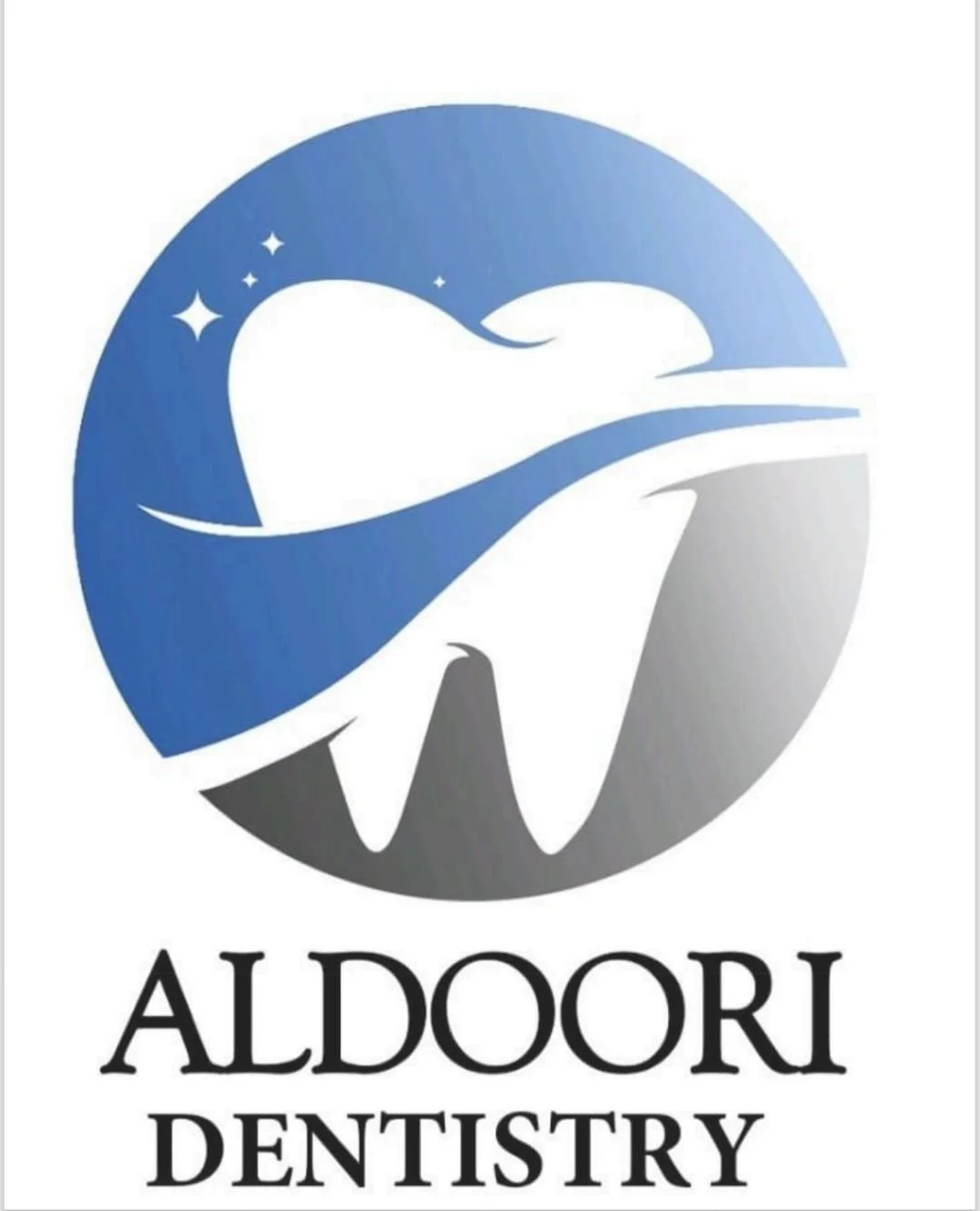 Logo for Aldoori Dentistry featuring a stylized tooth and a smiling face within a circular design, with a blue and gray color scheme and small stars in the background.