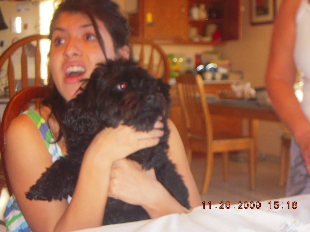 A young woman with dark hair in a colorful striped tank top is holding a small black dog and making a surprised or scared facial expression inside a home with wooden furniture and kitchen area in the background.