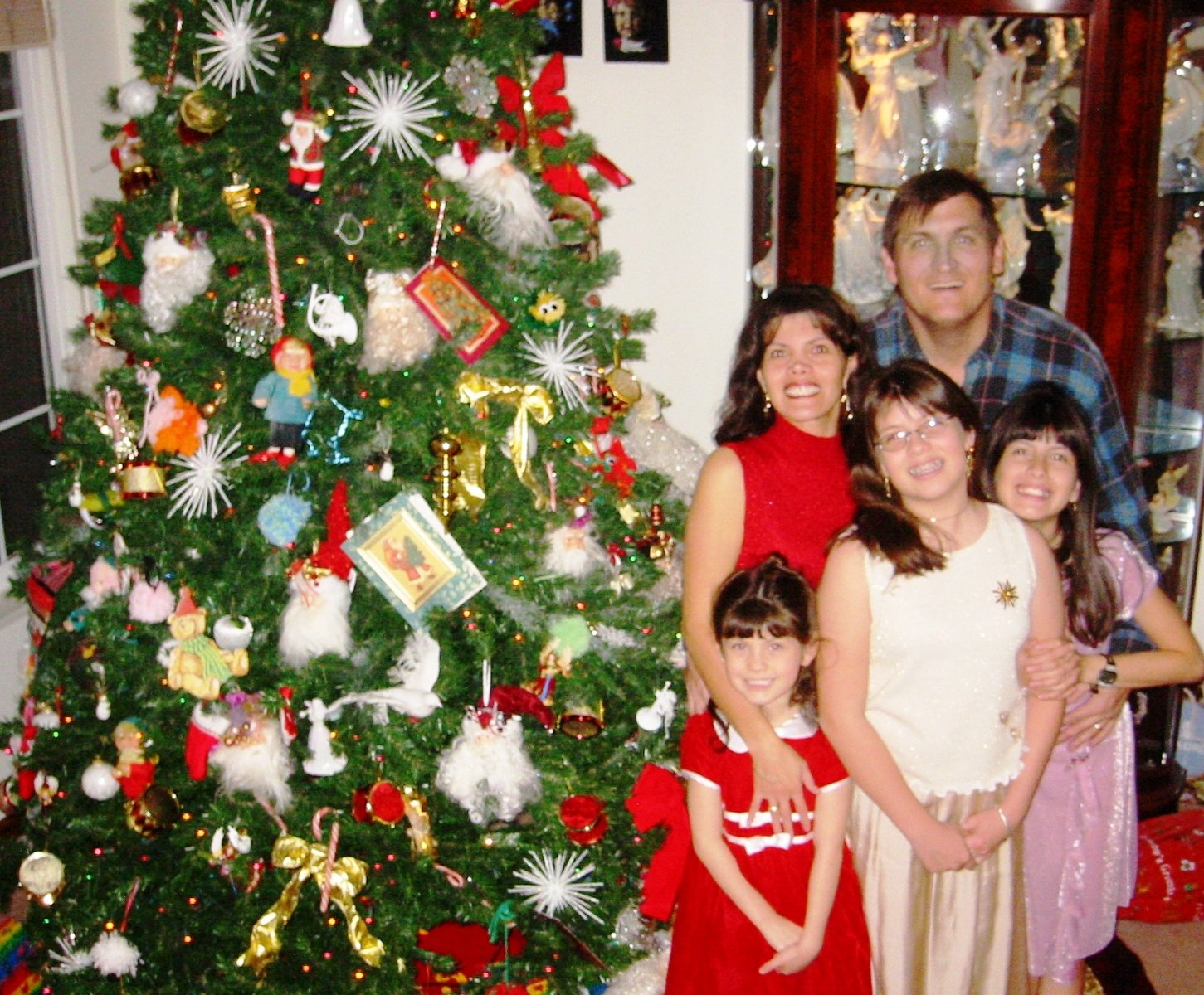 A family of five posing in front of a decorated Christmas tree inside a home. The family includes a woman in a red dress, a man in a blue plaid shirt, and three girls in festive dresses. The Christmas tree is adorned with ornaments, ribbons, and ligh
