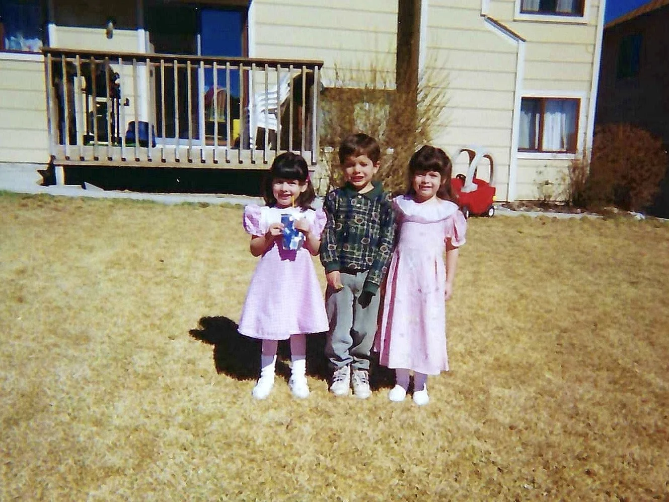 Three children standing on a yellowish grass lawn in front of a house, two girls in pink dresses and a boy in a plaid jacket. The girl on the left holds a blue toy, and there is a red toy car behind them on the right.
