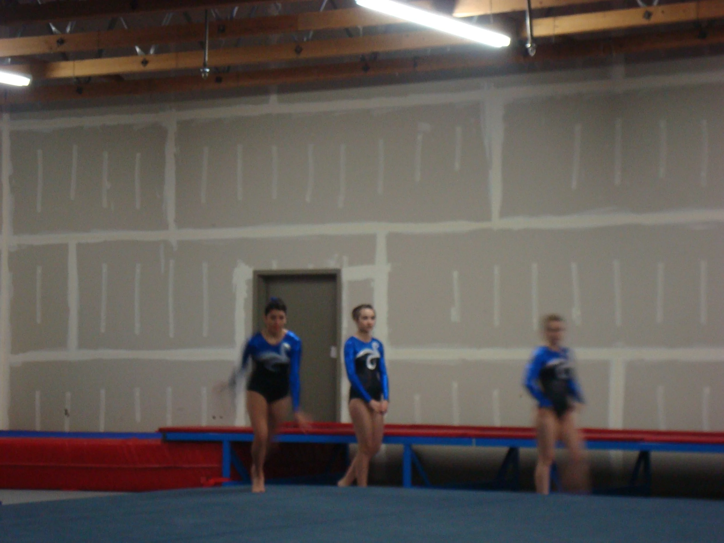Three young female gymnasts standing on a red trampoline in a gymnasium, wearing blue and black athletic outfits.