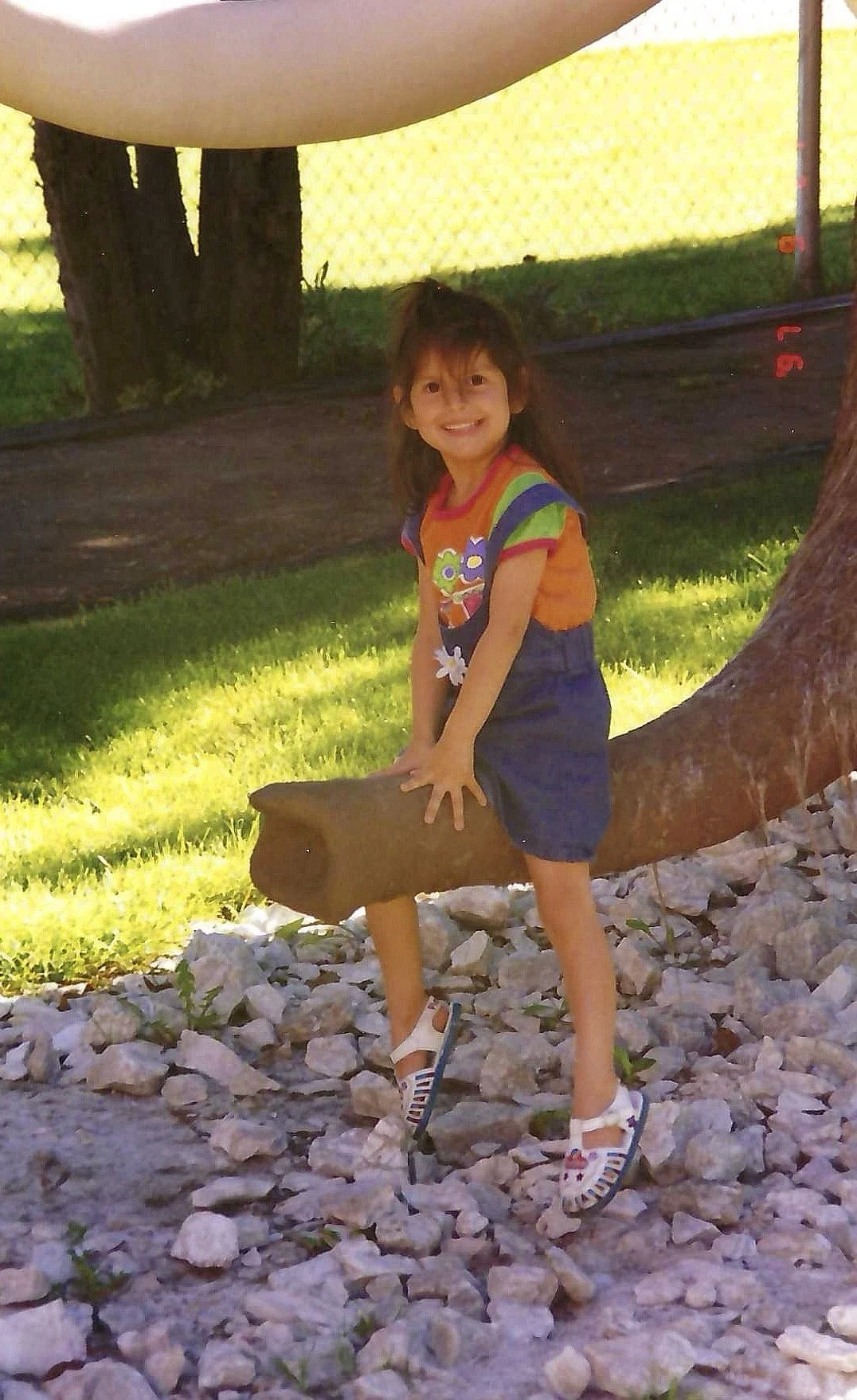A young girl with a ponytail ponytail, wearing a colorful t-shirt, denim shorts, and sneakers, standing on rocks and holding onto a wooden rock sculpture shaped like a rabbit. She is outdoors on a sunny day with a grassy area, trees, and a chain-link