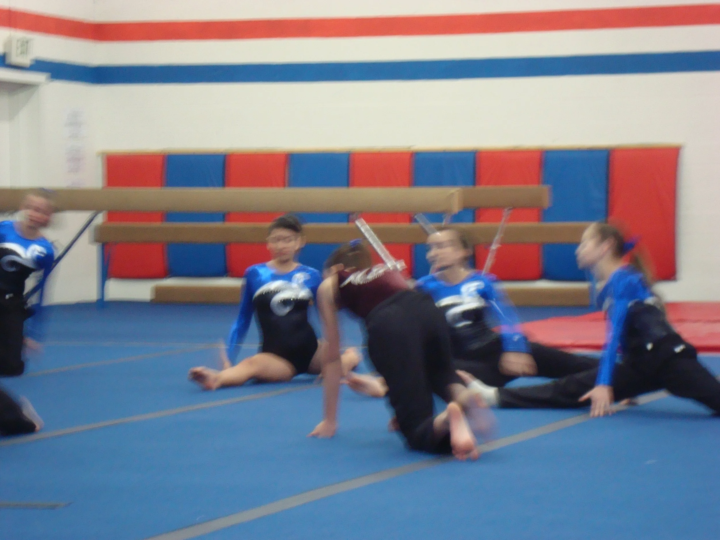 Children practicing martial arts in a gym with blue mats, colorful wall padding, and a red, white, and blue striped wall.