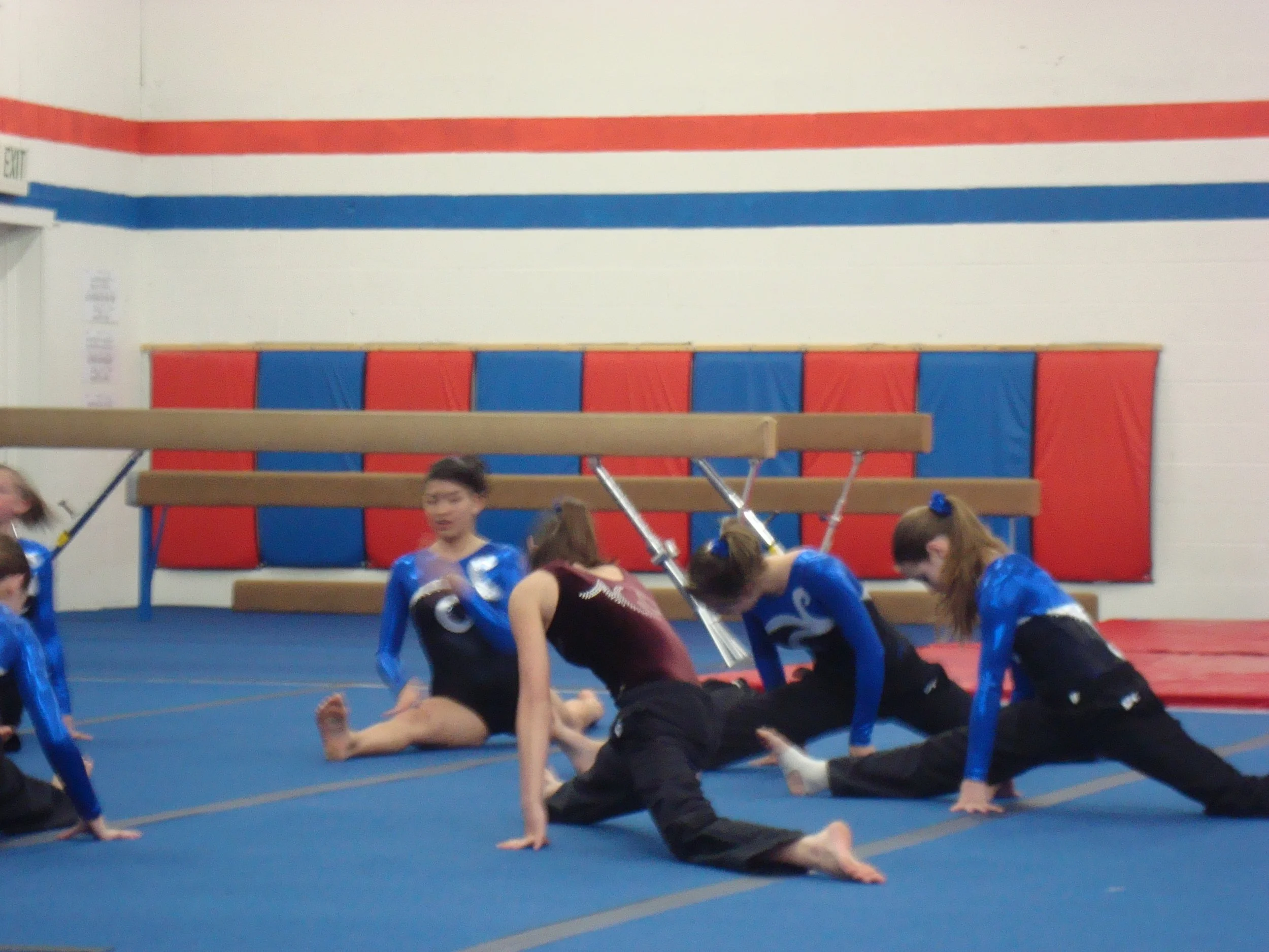Group of young female gymnasts in blue and black uniforms practicing flips and balancing on a blue mat in a gymnasium with padded walls.