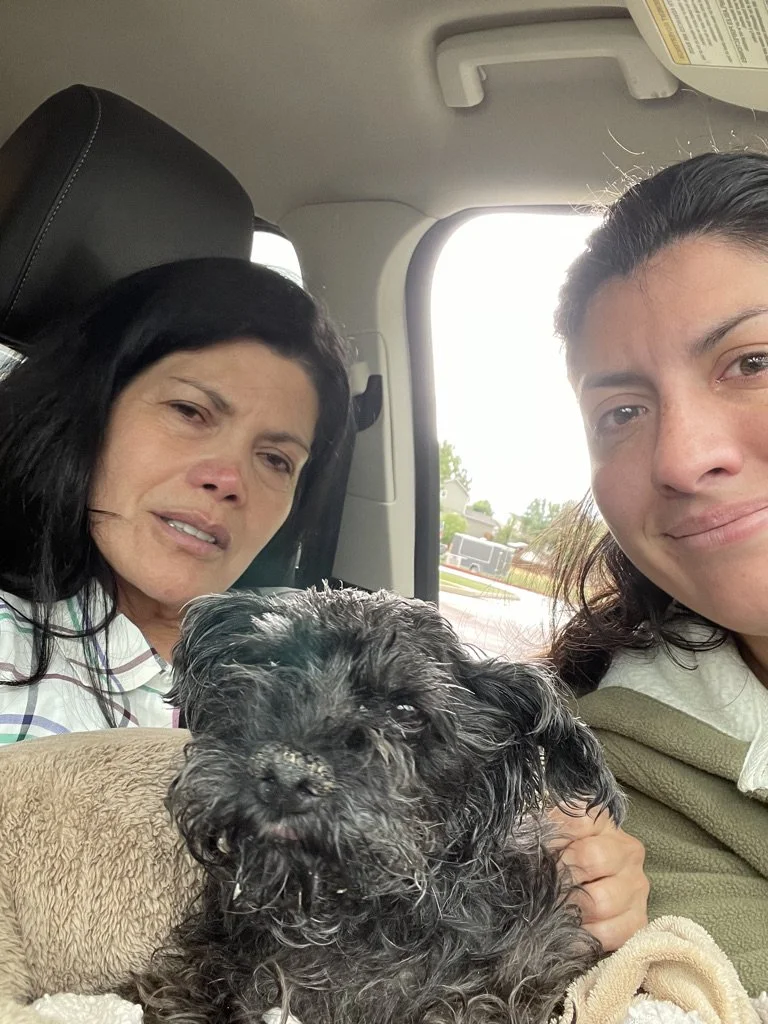 Two women and a small black dog sitting in a vehicle during daytime.