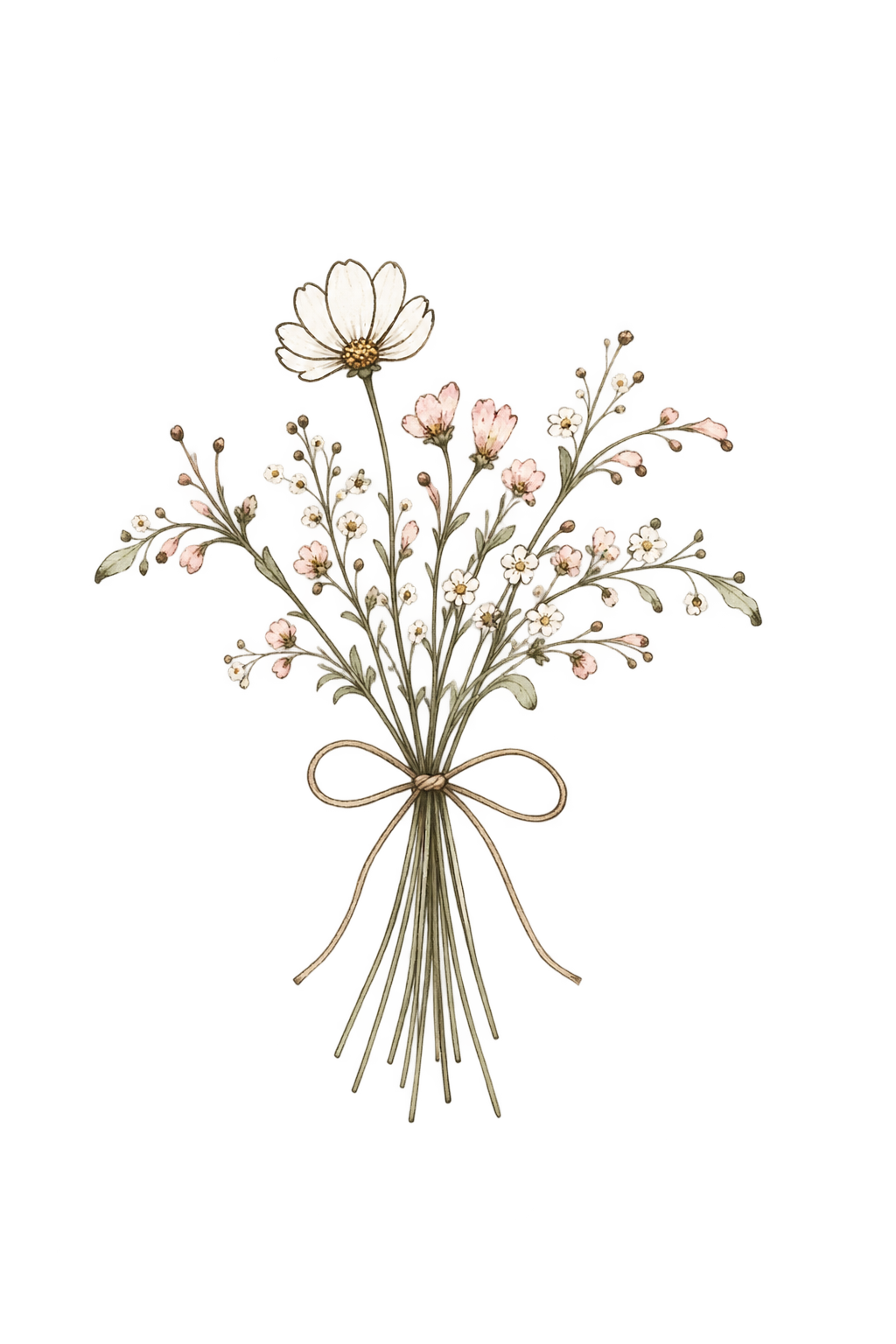 A digital illustration of a bouquet of small white and pink flowers with green leaves, tied with a beige string bow.