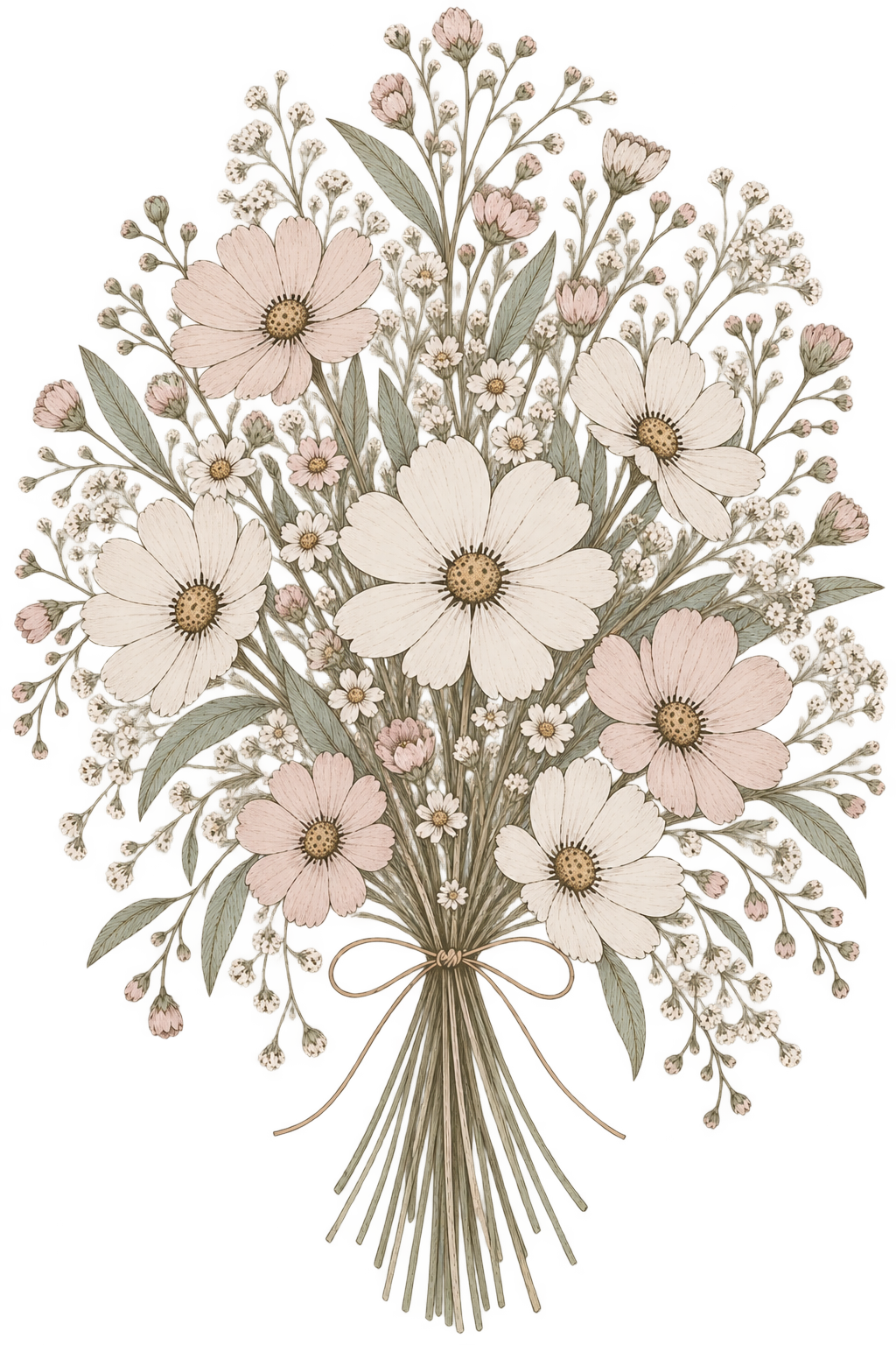 Illustration of a bouquet with pink and white flowers, green leaves, and a bow at the base.