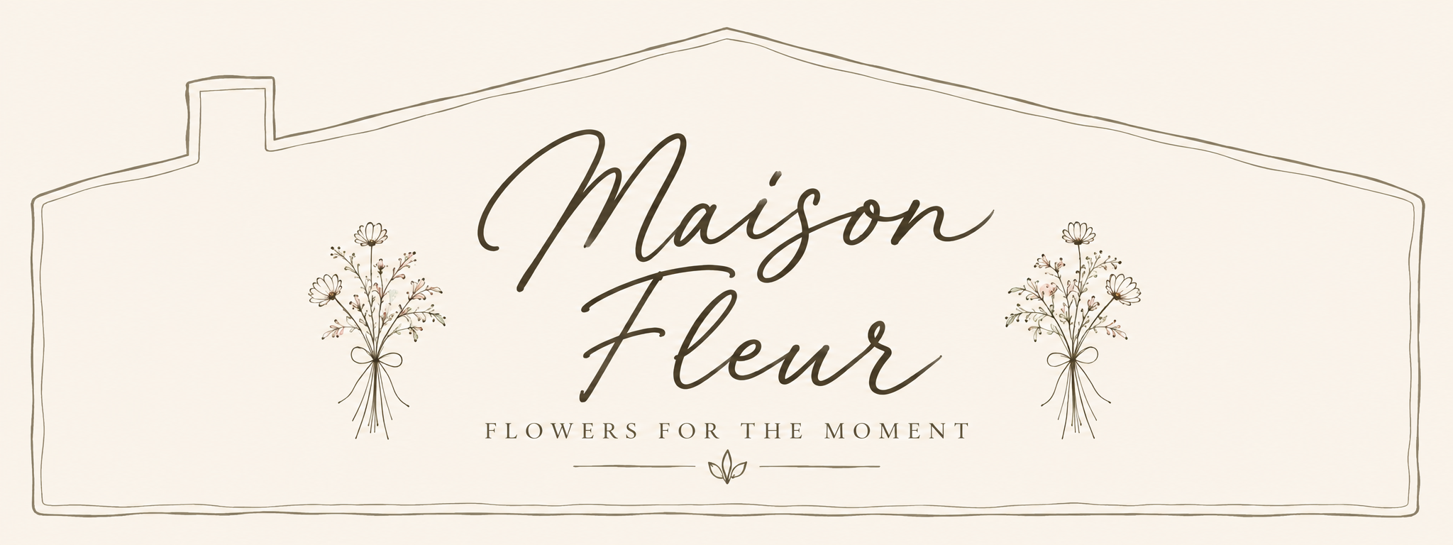 A decorative sign that reads 'Maison Fleur' with the subtitle 'Flowers for the Moment,' featuring floral illustrations on either side, set against a light background.