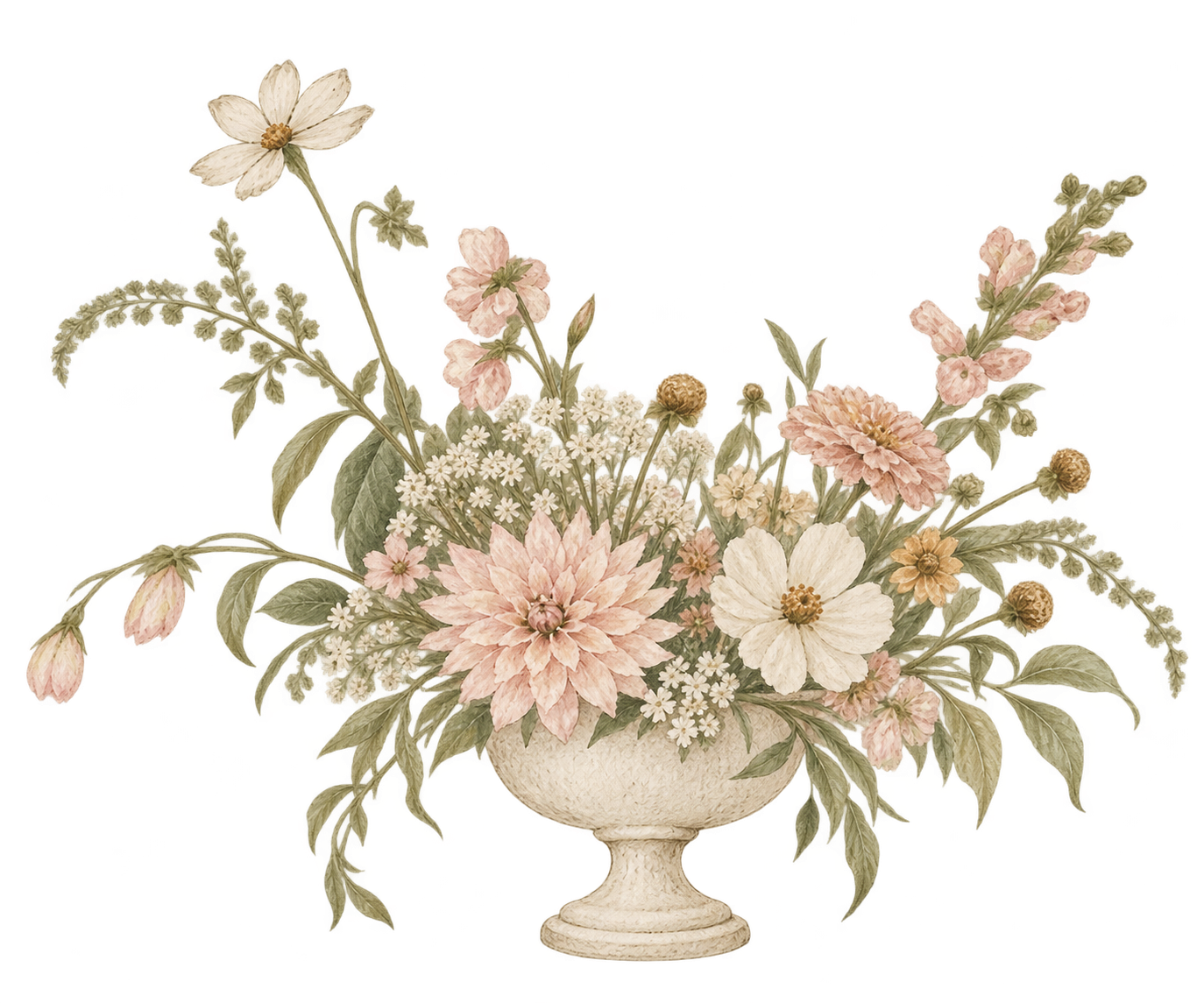 Elegant floral arrangement in a decorative vase with pink, white, and cream-colored flowers and green leaves.