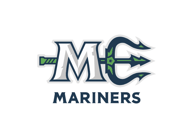 Seattle Mariners logo with a stylized 'M' and a trident in navy, green, and white colors.