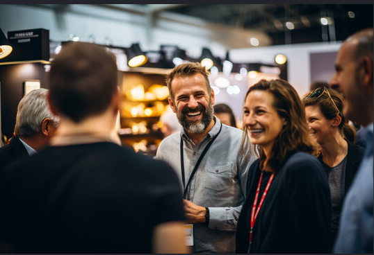 Group of people smiling and talking at a conference or event with booths and lighting in the background.