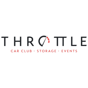 Logo for Throttle Car Club, Storage, Events with a speedometer needle in place of the letter 'O'.