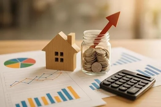 Small wooden house model next to a glass jar filled with coins and an upward-pointing arrow, with financial charts and a calculator on a desk.