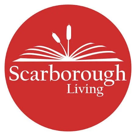Red circle with open book and cattails, and text 'Scarborough Living'